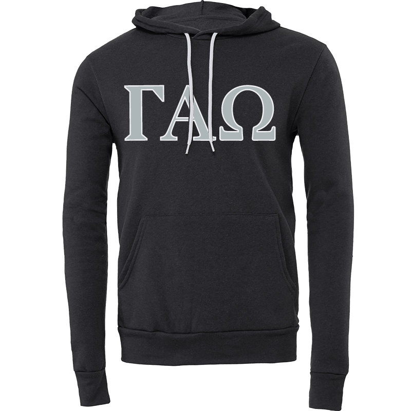 A black pullover hoodie featuring the Greek letters Gamma Alpha Omega (ΓΧΩ) printed in a textured silver-gray font across the chest, with white drawstrings, shown on a plain white background.