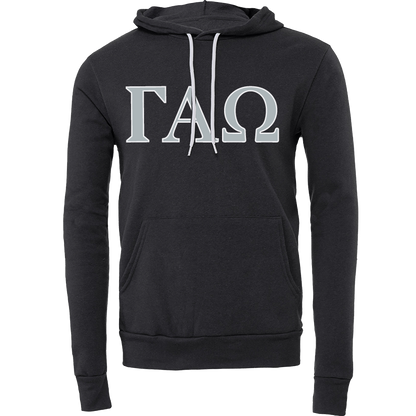 A black pullover hoodie featuring the Greek letters Gamma Alpha Omega (ΓΧΩ) printed in a textured silver-gray font across the chest, with white drawstrings, shown on a plain white background.