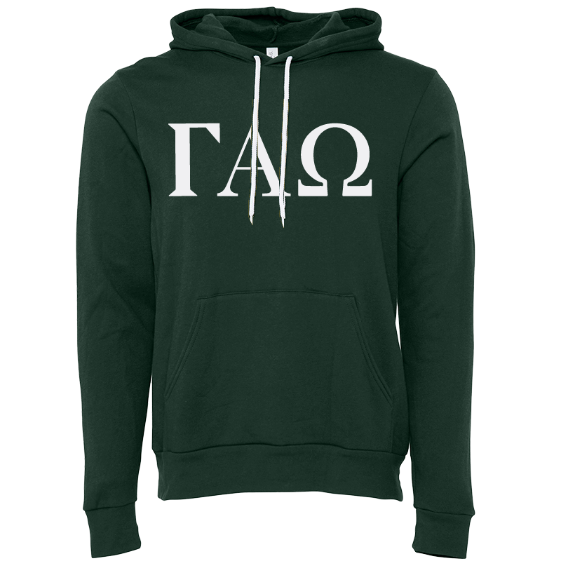 A dark green pullover hoodie with white drawstrings and a white Greek letter graphic 'ΓΧΩ' printed across the chest, displayed on a solid white background.