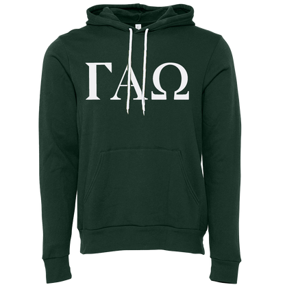 A dark green pullover hoodie with white drawstrings and a white Greek letter graphic 'ΓΧΩ' printed across the chest, displayed on a solid white background.