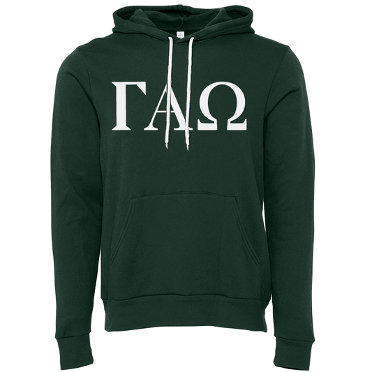 A dark green pullover hoodie with white drawstrings and a white Greek letter graphic 'ΓΧΩ' printed across the chest, displayed on a solid white background.