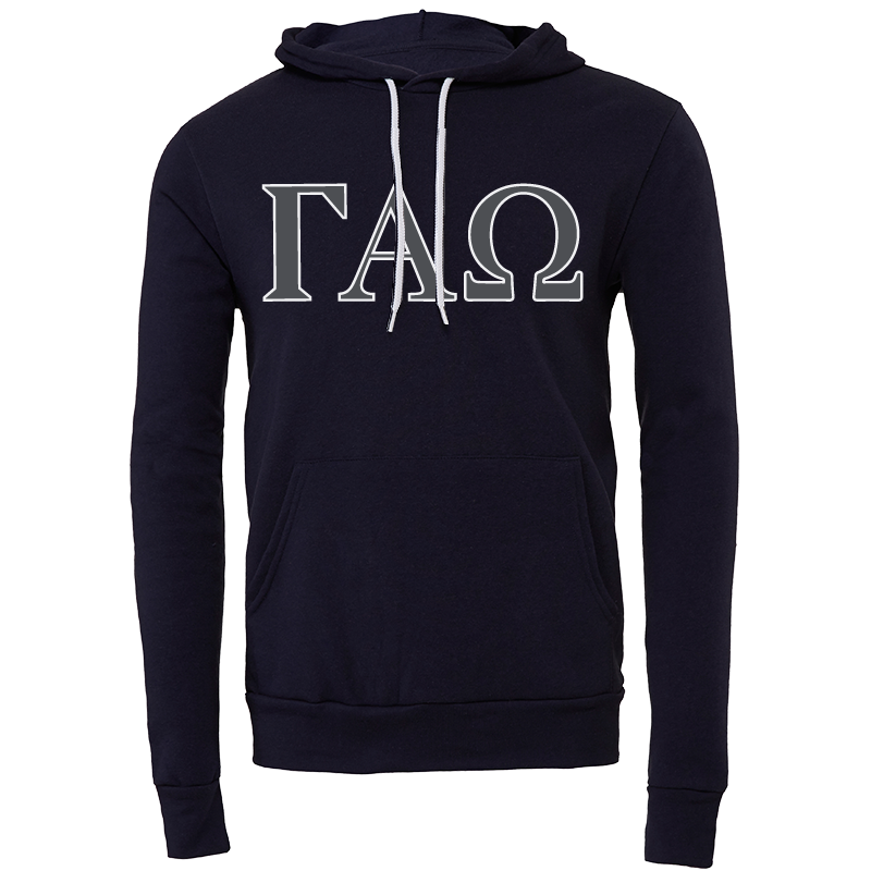 A navy blue pullover hoodie with white drawstrings and a white Greek letter graphic 'ΓΦΩ' printed on the chest, displayed on a clean white background.