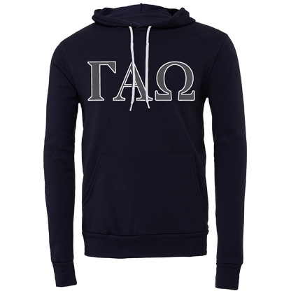 A navy blue pullover hoodie with white drawstrings and a white Greek letter graphic 'ΓΦΩ' printed on the chest, displayed on a clean white background.