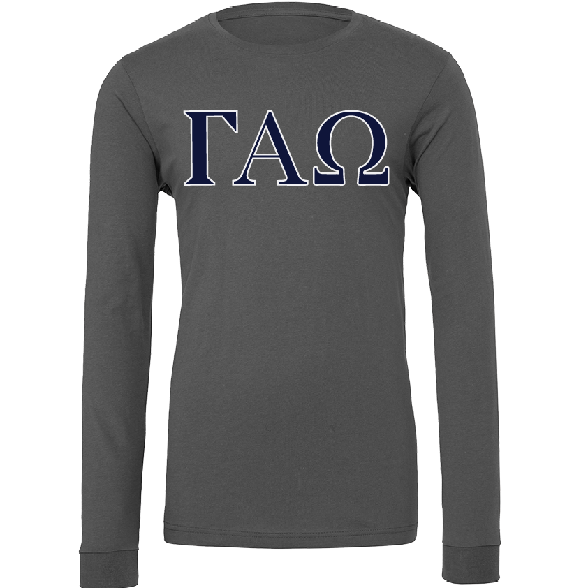 A dark gray long-sleeve t-shirt with the Greek letters Gamma Alpha Omega (ΓΧΩ) printed across the chest in navy blue with a white outline, shown on a plain white background.