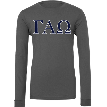A dark gray long-sleeve t-shirt with the Greek letters Gamma Alpha Omega (ΓΧΩ) printed across the chest in navy blue with a white outline, shown on a plain white background.