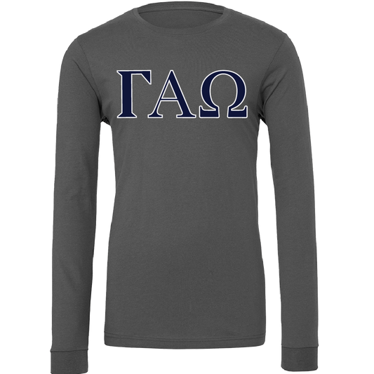 A dark gray long-sleeve t-shirt with the Greek letters Gamma Alpha Omega (ΓΧΩ) printed across the chest in navy blue with a white outline, shown on a plain white background.