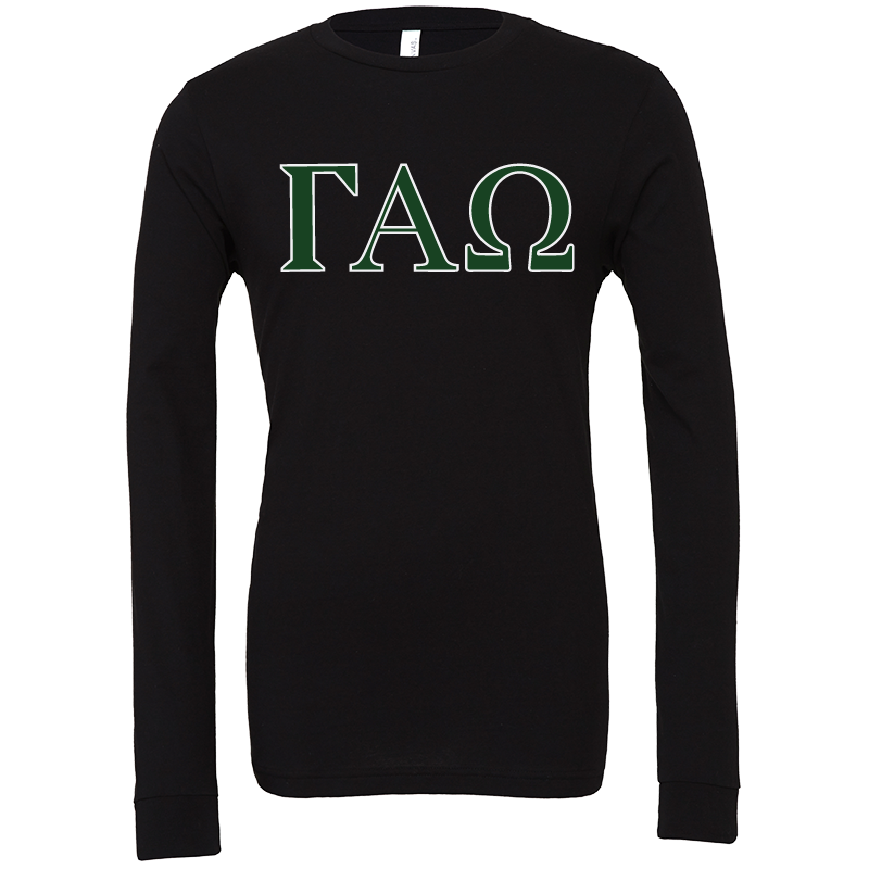 A black long-sleeve t-shirt with the Greek letters Gamma Alpha (ΓΑΩ) printed across the chest in green with a white outline, displayed on a solid white background.