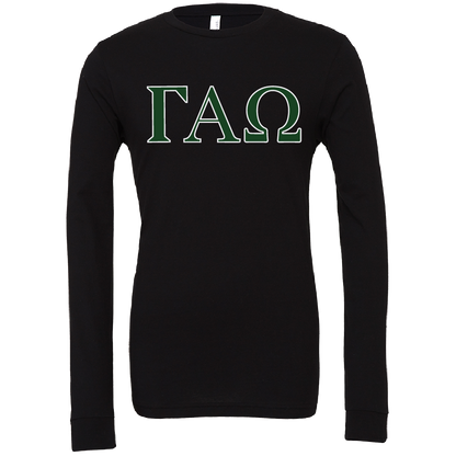 A black long-sleeve t-shirt with the Greek letters Gamma Alpha (ΓΑΩ) printed across the chest in green with a white outline, displayed on a solid white background.