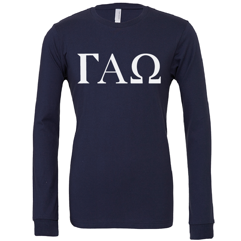 A navy blue long-sleeve t-shirt with the Greek letters Gamma Alpha Omega (ΓΧΩ) printed in white across the chest, displayed on a clean white background.