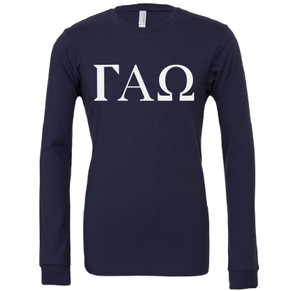 A navy blue long-sleeve t-shirt with the Greek letters Gamma Alpha Omega (ΓΧΩ) printed in white across the chest, displayed on a clean white background.