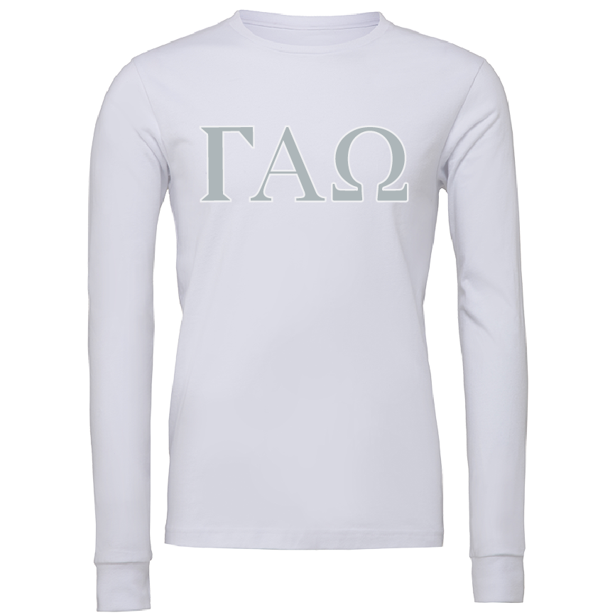 A white long-sleeve t-shirt with the Greek letters Gamma Alpha Omega (ΓΧΩ) printed in a light gray serif font across the chest, displayed on a solid white background.