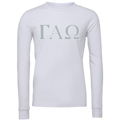 A white long-sleeve t-shirt with the Greek letters Gamma Alpha Omega (ΓΧΩ) printed in a light gray serif font across the chest, displayed on a solid white background.