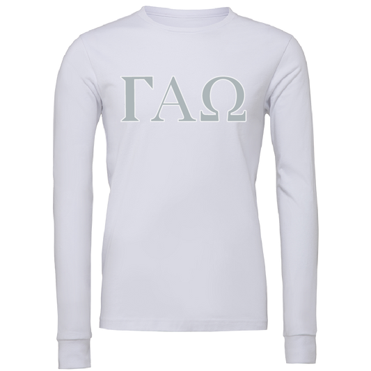A white long-sleeve t-shirt with the Greek letters Gamma Alpha Omega (ΓΧΩ) printed in a light gray serif font across the chest, displayed on a solid white background.