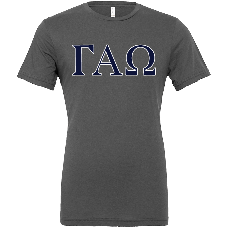 A dark gray crewneck t-shirt featuring the Greek letters Gamma Alpha (ΓΧΩ) printed across the chest in navy blue with a white outline.