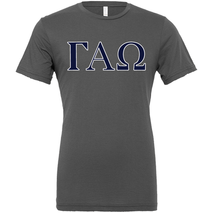 A dark gray crewneck t-shirt featuring the Greek letters Gamma Alpha (ΓΧΩ) printed across the chest in navy blue with a white outline.