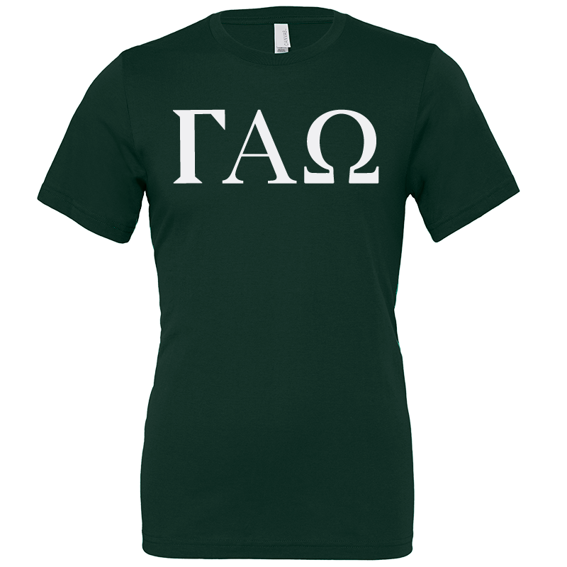 A dark green short-sleeve t-shirt with the Greek letters ΓΑΩ printed in white across the chest, displayed on a solid white background.