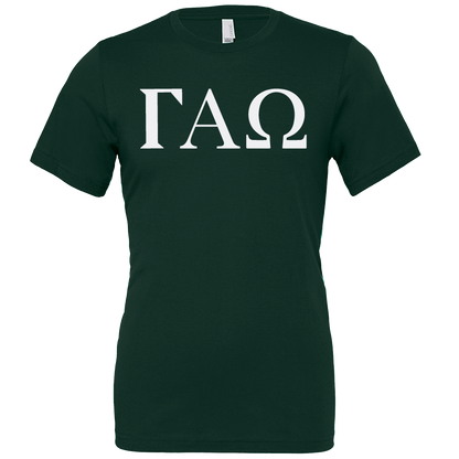 A dark green short-sleeve t-shirt with the Greek letters ΓΑΩ printed in white across the chest, displayed on a solid white background.