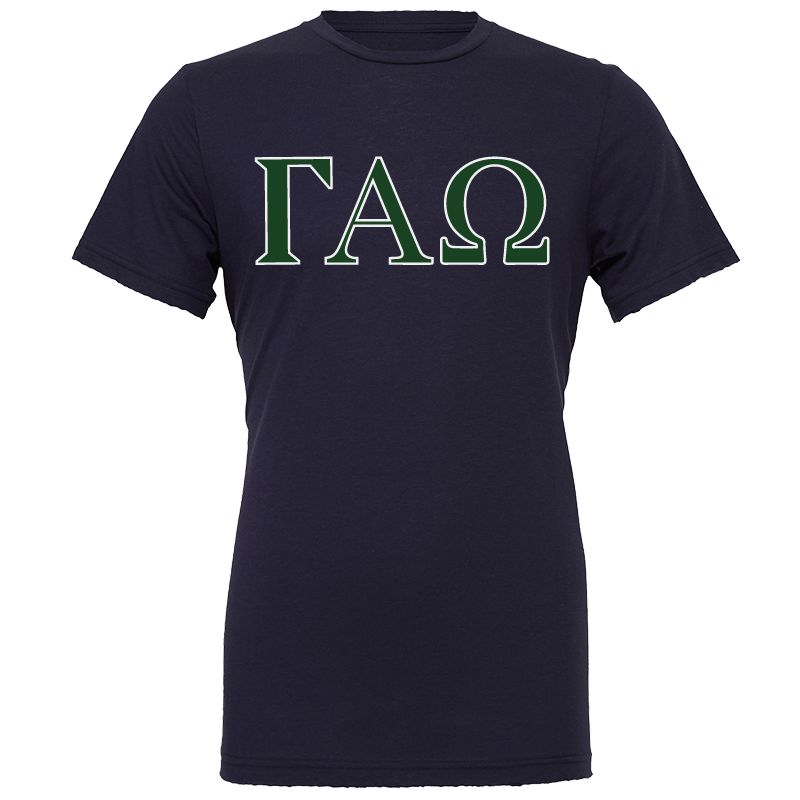 A navy blue short-sleeve t-shirt with the Greek letters Gamma Alpha Omega (ΓΧΩ) printed across the chest in green with a white outline, shown on a plain white background.