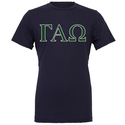 A navy blue short-sleeve t-shirt with the Greek letters Gamma Alpha Omega (ΓΧΩ) printed across the chest in green with a white outline, shown on a plain white background.