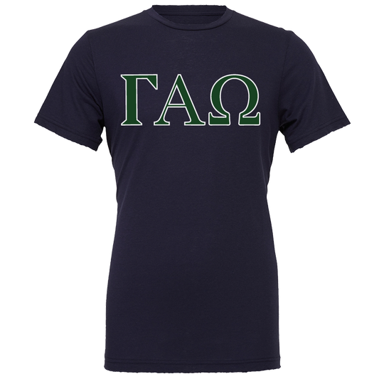 A navy blue short-sleeve t-shirt with the Greek letters Gamma Alpha Omega (ΓΧΩ) printed across the chest in green with a white outline, shown on a plain white background.