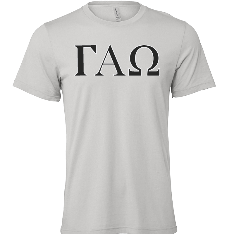 A light gray crewneck t-shirt featuring the Greek letters Gamma, Alpha, and Omega (ΓΧΩ) printed in black across the chest, displayed on a solid white background.