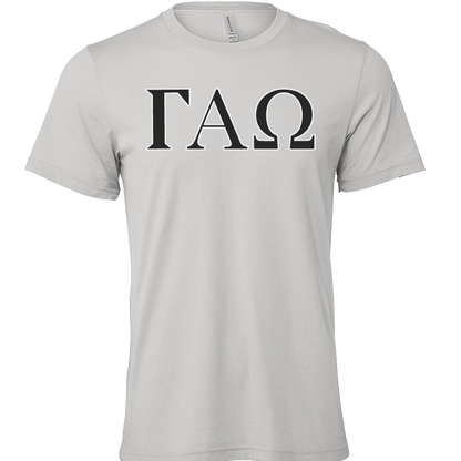 A light gray crewneck t-shirt featuring the Greek letters Gamma, Alpha, and Omega (ΓΧΩ) printed in black across the chest, displayed on a solid white background.