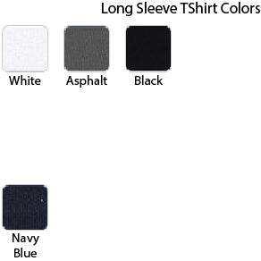 A color options chart for long sleeve T-shirts showing four fabric swatches with labels: White, Asphalt, Black, and Navy Blue, on a plain white background.