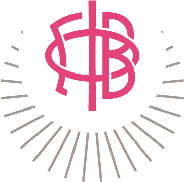 Pink logo with a sunburst design on a white background
