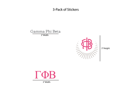Gamma Phi Beta stickers with dimensions on a white background