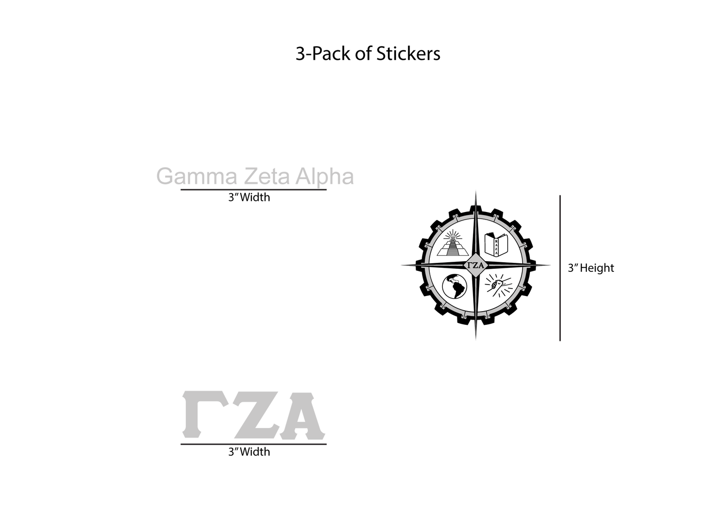 Gamma Zeta Alpha sticker design with dimensions on a white background