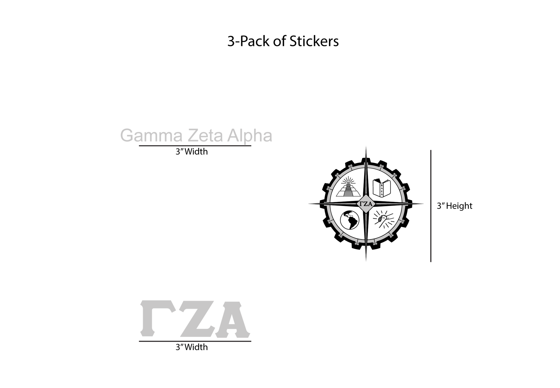 Gamma Zeta Alpha sticker design with dimensions on a white background