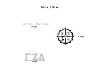 Gamma Zeta Alpha sticker design with dimensions on a white background