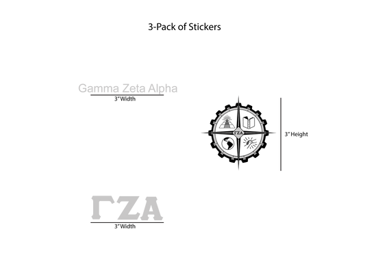 Gamma Zeta Alpha sticker design with dimensions on a white background