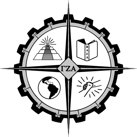 Logo with a gear design featuring symbols and text on a white background