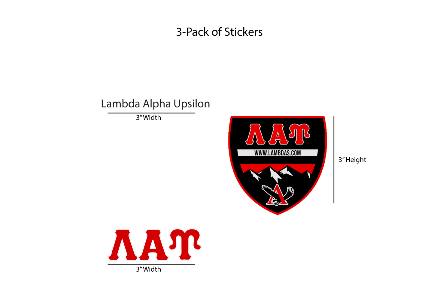 Packaging for Lambda Alpha Upsilon stickers with dimensions and website URL.
