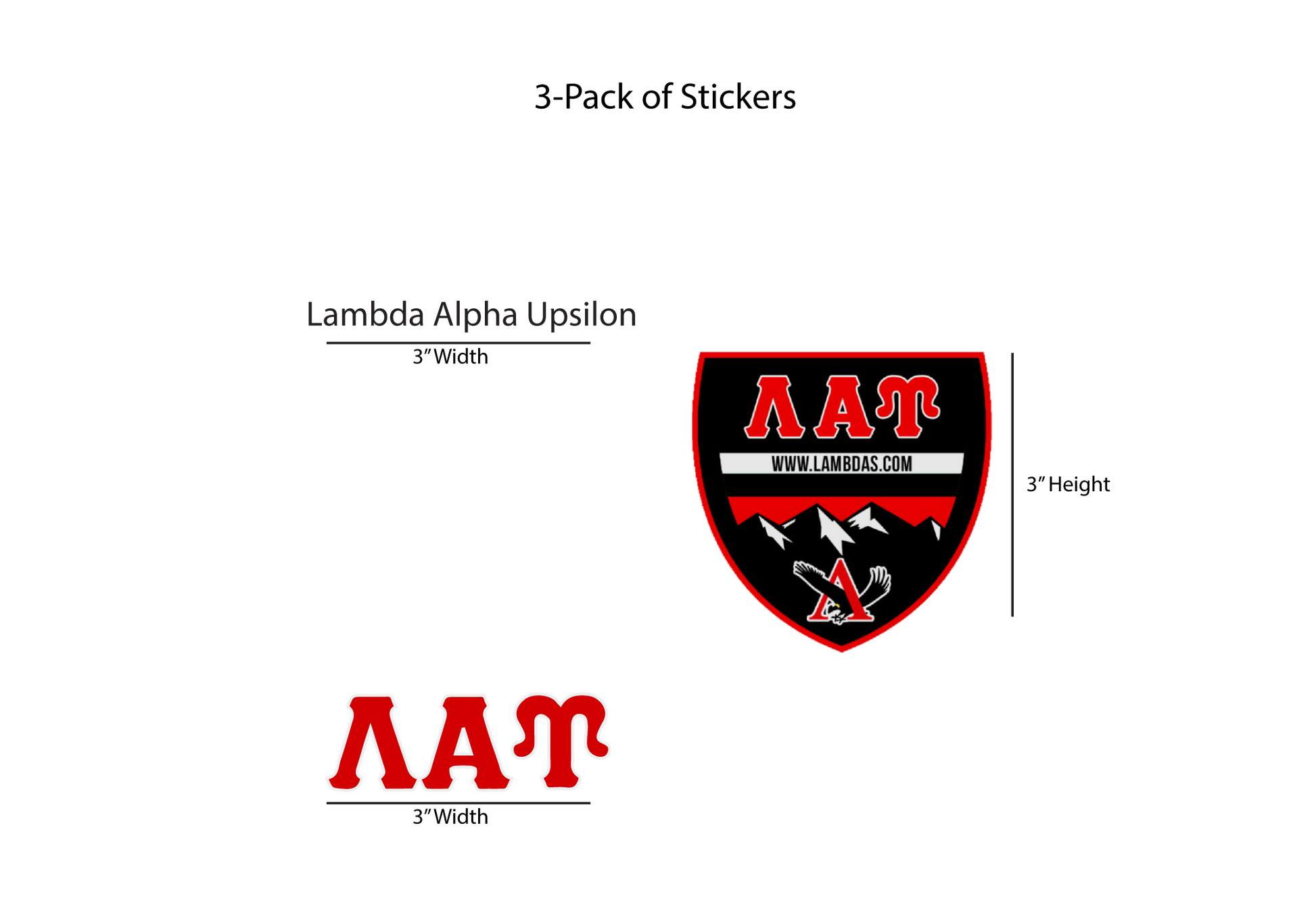 Packaging for Lambda Alpha Upsilon stickers with dimensions and website URL.