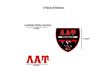 Packaging for Lambda Alpha Upsilon stickers with dimensions and website URL.