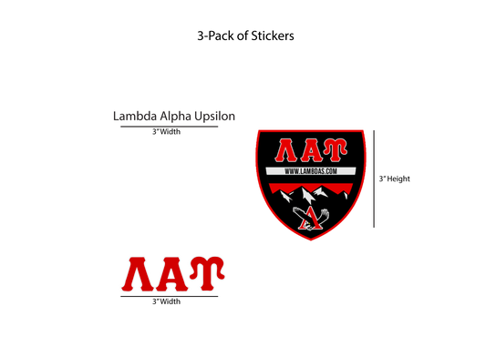 Packaging for Lambda Alpha Upsilon stickers with dimensions and website URL.