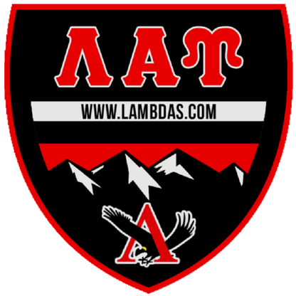 Logo with red and white text on a black background, featuring mountains and an eagle.