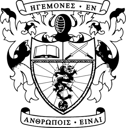Coat of arms with a shield, helmet, and motto at the top and bottom