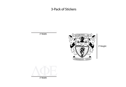 Packaging for a 3-pack of stickers with a crest design and dimensions on a white background.