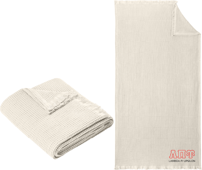 Folded beige textured blanket next to a larger unfolded version on a white background