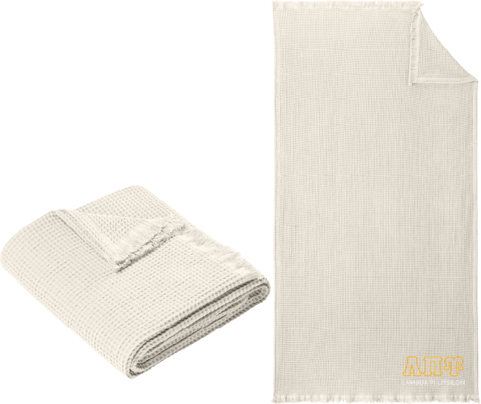 Folded beige blanket next to a larger unfolded beige blanket on a white background