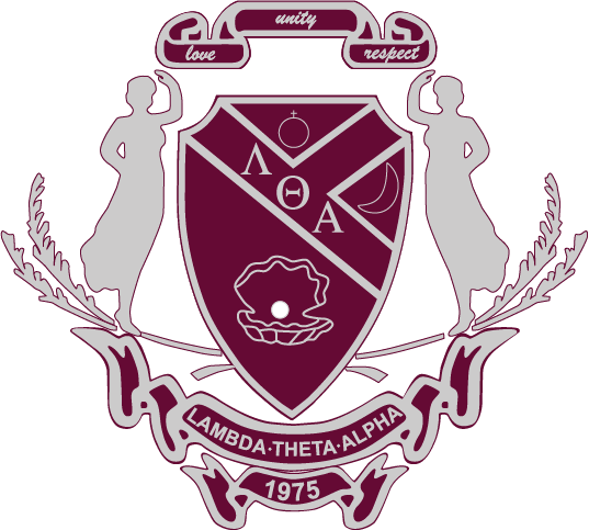 Lambda Theta Alpha fraternity crest with shield and symbols on a white background