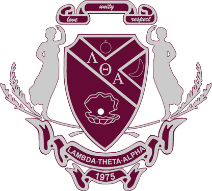 Lambda Theta Alpha fraternity crest with shield and symbols on a white background