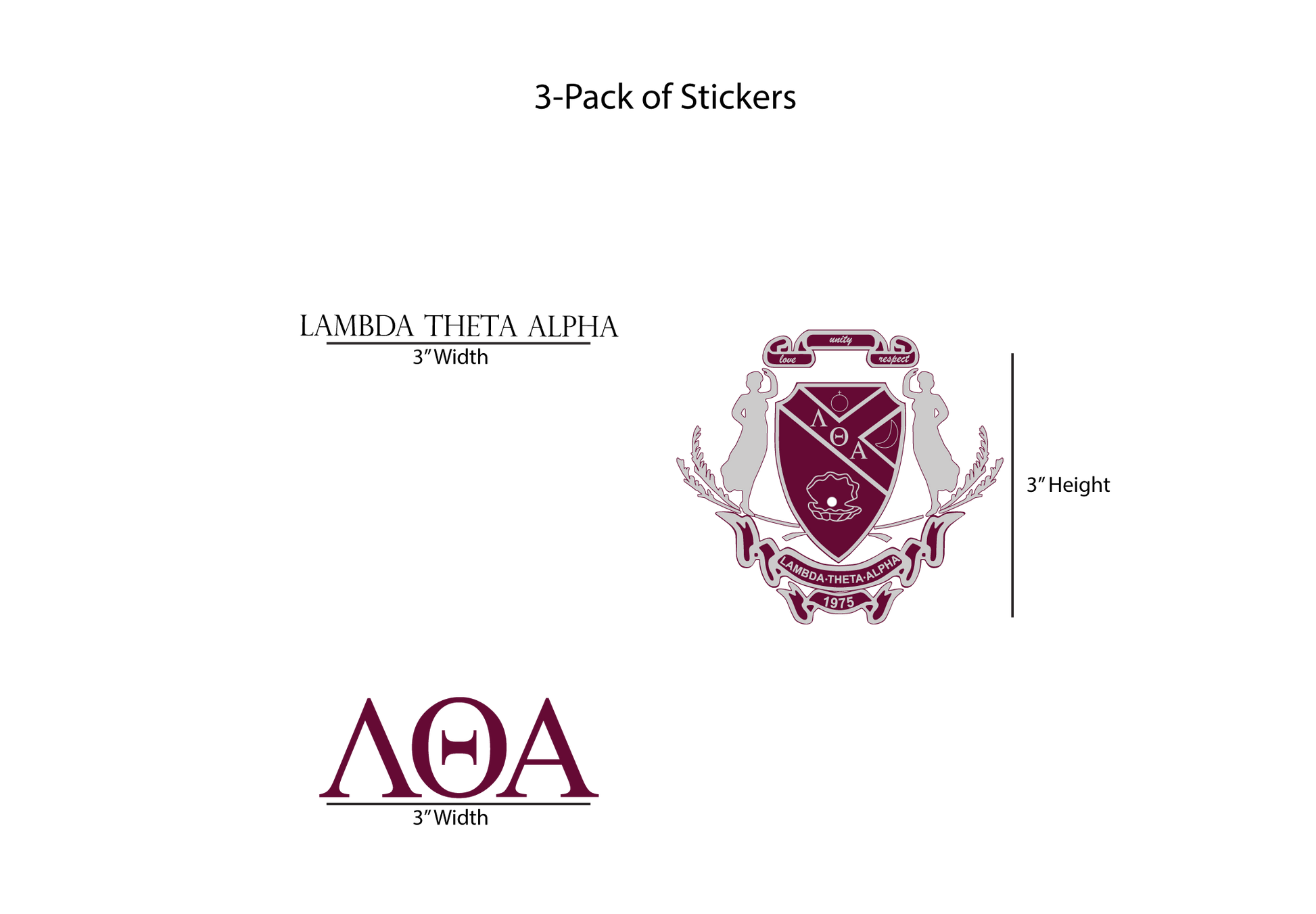 Packaging for Lambda Theta Alpha stickers with dimensions on a white background