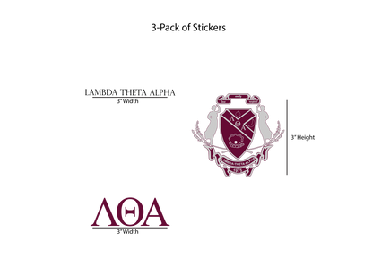 Packaging for Lambda Theta Alpha stickers with dimensions on a white background