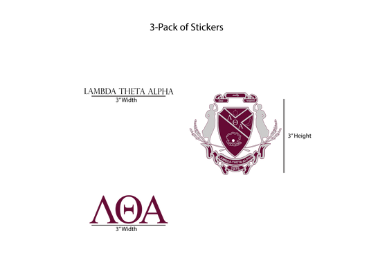 Packaging for Lambda Theta Alpha stickers with dimensions on a white background