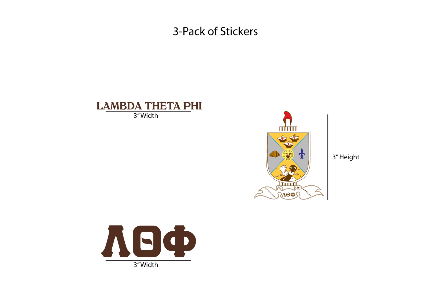 Packaging for Lambda Theta Phi stickers with logo and text on a white background