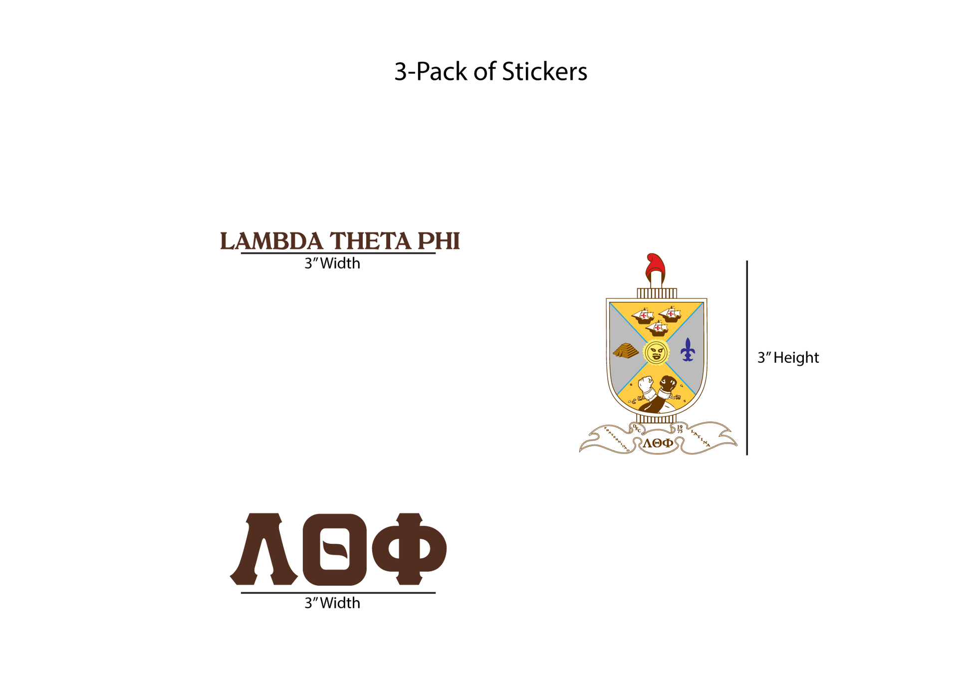 Packaging for Lambda Theta Phi stickers with logo and text on a white background